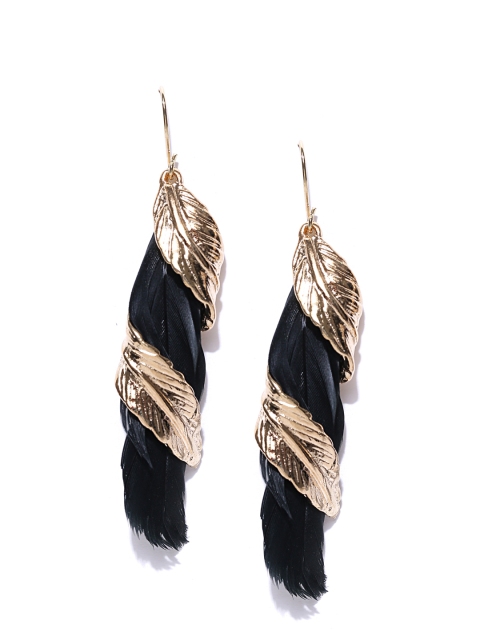 

OOMPH Gold-Toned & Black Feather Shaped Drop Earrings
