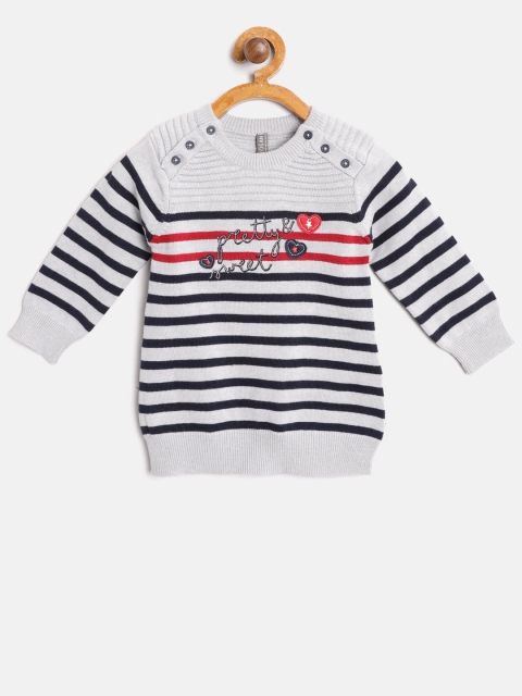 

Losan Girls Grey Melange & Black Striped Longline Sweater