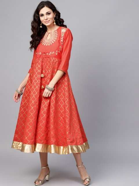 

Juniper Women Red & Golden Printed Midi Empire Dress