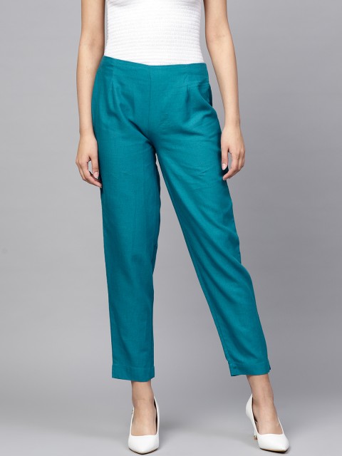 

Juniper Women Teal Green Straight Fit Solid Cropped Cigarette Trousers