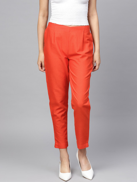 

Juniper Women Orange Slim Fit Solid Cropped Cigarette Trousers