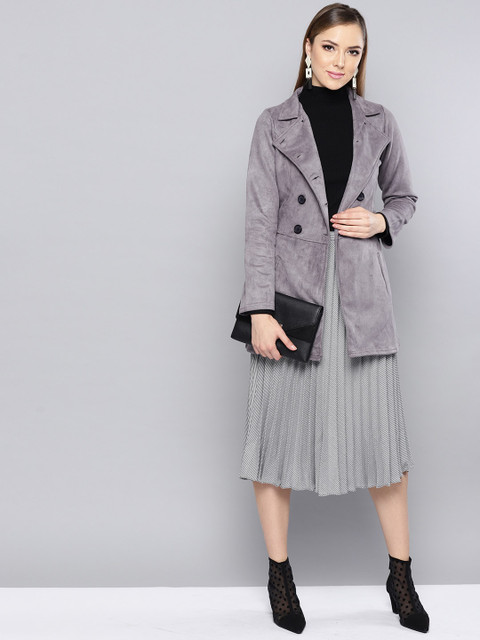 

Harpa Women Grey Solid Suede Finish Double-Breasted Hip Length Casual Overcoat