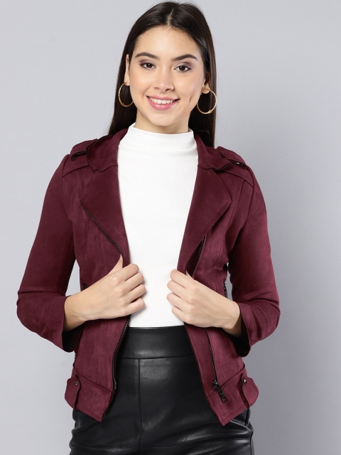 

Harpa Women Burgundy Solid Asymmetric Closure Suede Finish Tailored Jacket