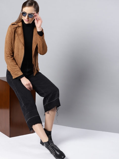 

Harpa Women Brown Solid Asymmetric Closure Suede Finish Tailored Jacket