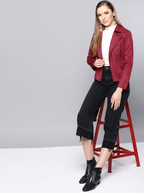 

Harpa Women Maroon Solid Biker Jacket