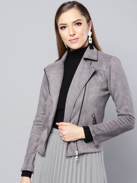 

Harpa Women Grey Solid Biker Jacket