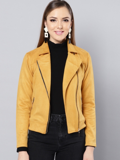 

Harpa Women Mustard Yellow Solid Biker Jacket