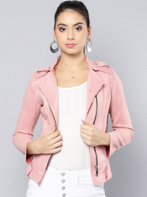

Harpa Women Pink Solid Asymmetric Closure Suede Finish Tailored Jacket