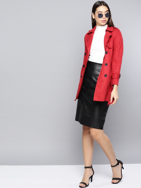 

Harpa Women Red Solid Suede Finish Double-Breasted Hip Length Casual Overcoat