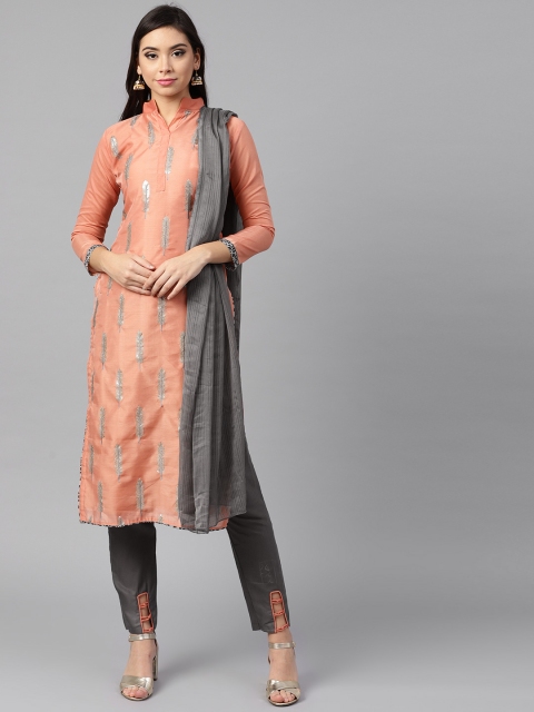 

Saree mall Peach-Coloured & Grey Cotton Blend Semi-Stitched Dress Material