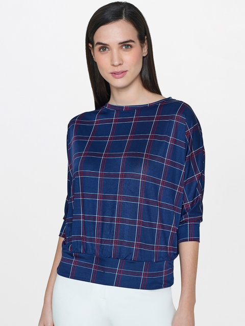

AND Women Navy Blue Checked Cinched Waist Top