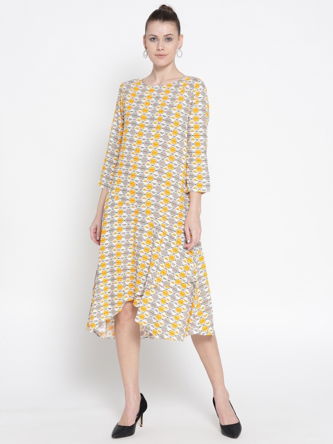 

AND Women White & Grey Printed Midi A-Line Dress