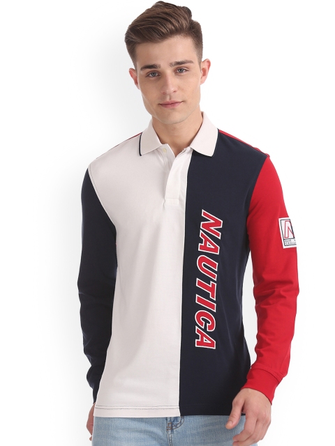 

Nautica Men White & Black Colourblocked Polo Collar T-shirt