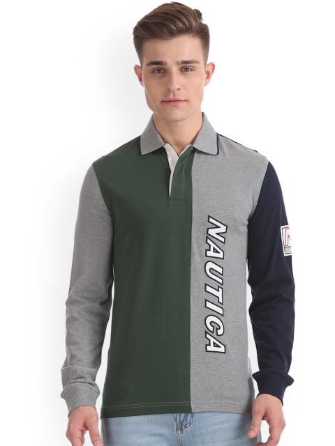 

Nautica Men Grey & Olive Green Colourblocked Polo Collar T-shirt