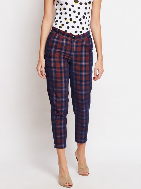 

Taanz Women Maroon & Navy Blue Smart Straight Fit Checked Cigarette Trousers