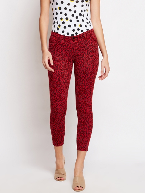 

Taanz Women Red Smart Straight Fit Printed Cigarette Trousers