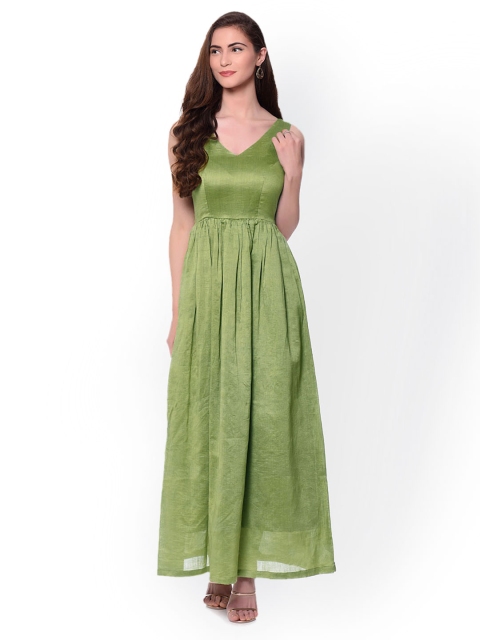 

trueBrowns Women Olive Green Solid Maxi Dress
