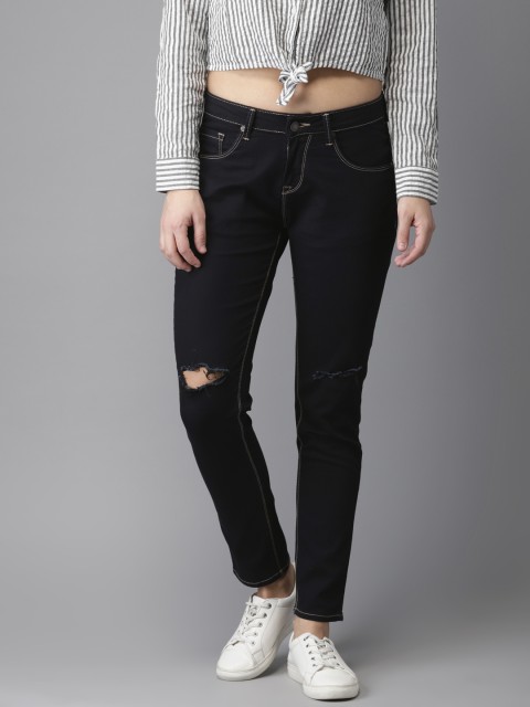 

HERE&NOW Women Blue Skinny Fit Mid-Rise Slash Knee Stretchable Cropped Jeans