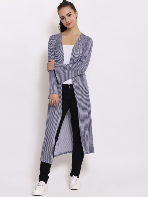 

PURYS Blue & White Striped Open Front Shrug