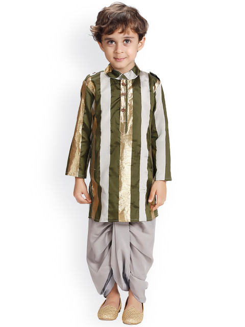

LilPicks Boys Green & Grey Striped Kurta with Dhoti Pants