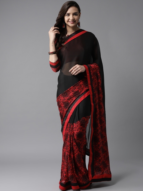 

SUTRAM Black & Red Printed Saree