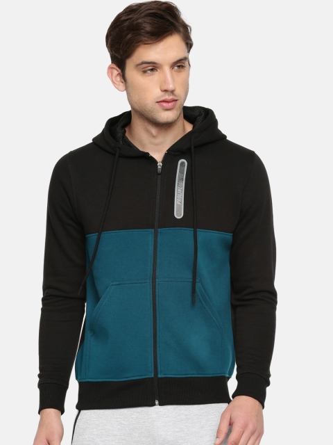 

Proline Active Men Black & Teal Blue Colourblocked Hooded Sweatshirt