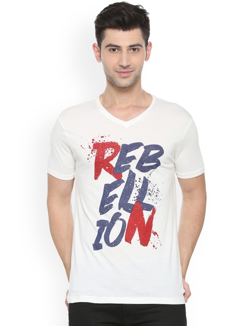

People Men White Printed V-Neck T-shirt