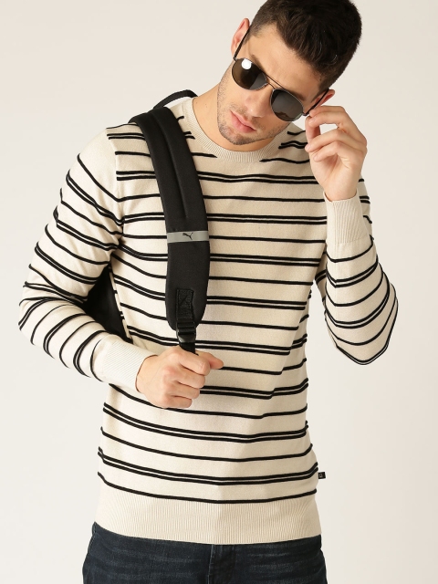 

United Colors of Benetton Men Beige & Black Striped Pullover