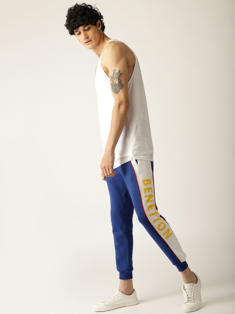

United Colors of Benetton Men Blue & White Colourblocked Joggers