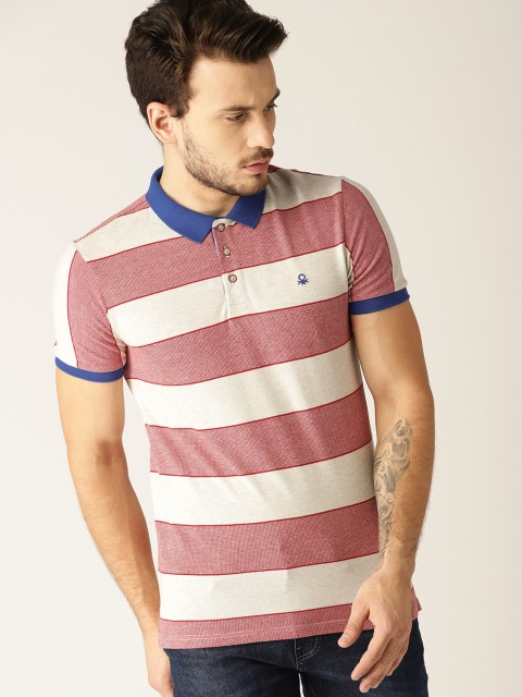 

United Colors of Benetton Men Red & Grey Melange Striped Polo Collar T-shirt