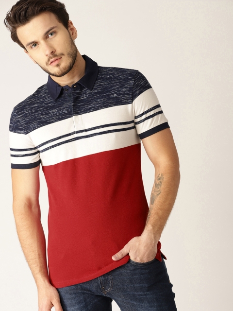 

United Colors of Benetton Men Red & Navy Striped Polo Collar T-shirt