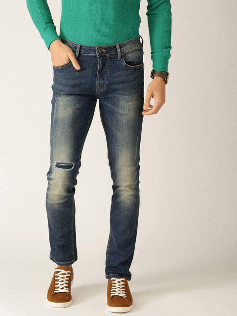 

United Colors of Benetton Men Blue Tailored Skinny Fit Mid-Rise Low Distress Jeans