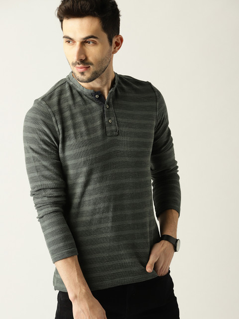 

United Colors of Benetton Men Charcoal Grey Striped Mandarin Collar T-shirt
