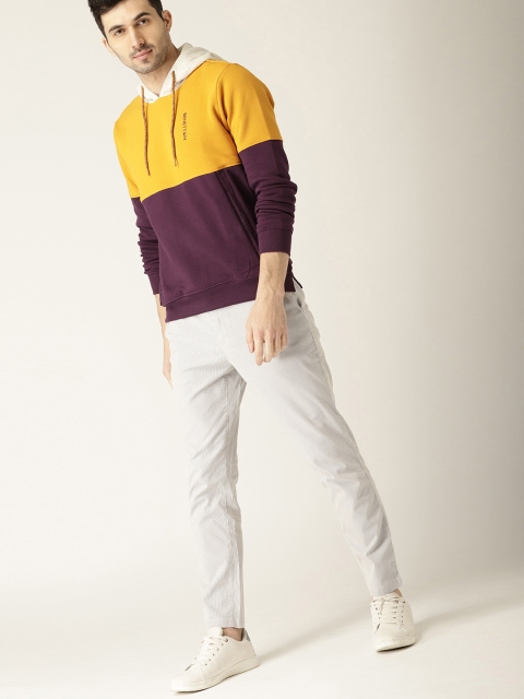

United Colors of Benetton Men Mustard Yellow & Burgundy Colourblocked Hooded Sweatshirt