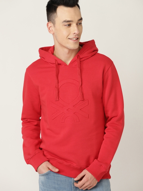 

United Colors of Benetton Men Red Embossed Hooded Sweatshirt