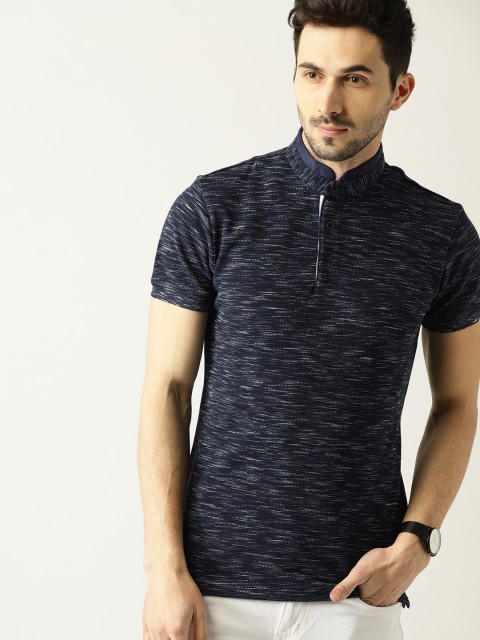 

United Colors of Benetton Men Navy Blue Self Design Stand Collar T-shirt