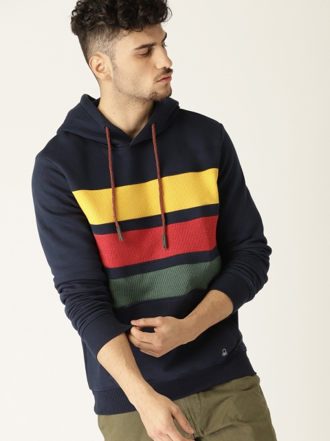 

United Colors of Benetton Men Navy Blue & Yellow Striped Hooded Sweatshirt