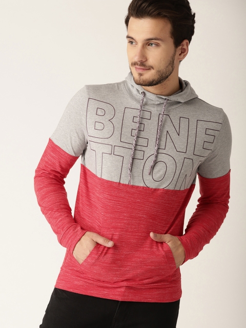 

United Colors of Benetton Men Grey Melange & Red Printed Hood T-shirt