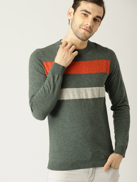 

United Colors of Benetton Men Olive Green & Orange Striped Pullover