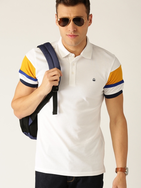 United Colors of Benetton Men White Solid Polo Collar T-shirt