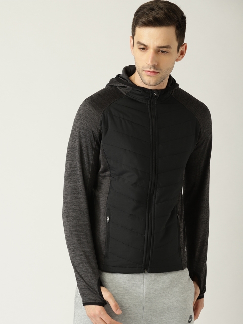 

United Colors of Benetton Men Black & Charcoal Grey Solid Hooded Sporty Jacket