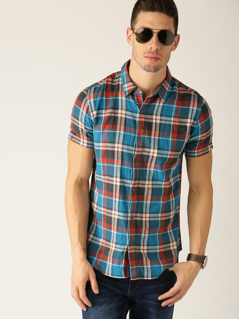 

United Colors of Benetton Men Blue & Orange Slim Fit Checked Casual Shirt