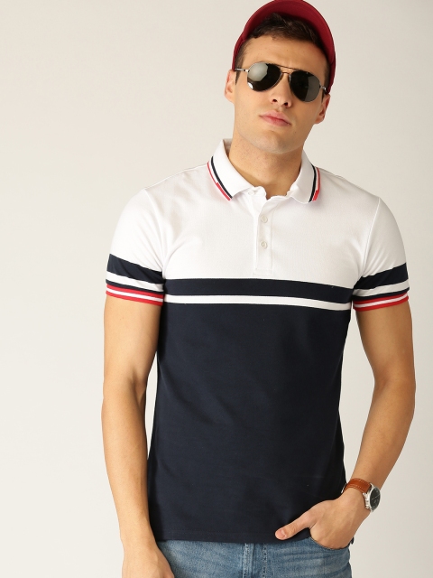 

United Colors of Benetton Men White & Navy Colourblocked Polo Collar T-shirt
