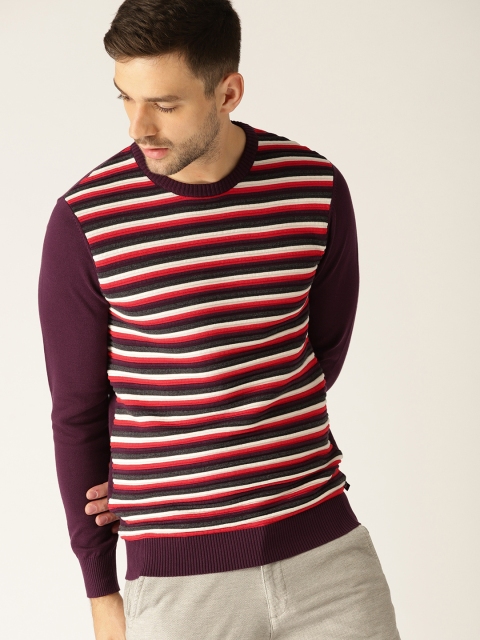

United Colors of Benetton Men Purple & Red Striped Pullover