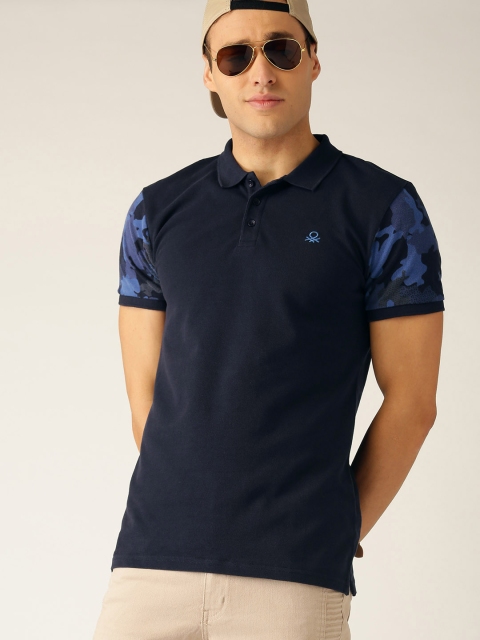United Colors of Benetton Men Navy Blue Solid Polo Collar T-shirt