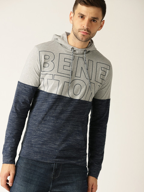 

United Colors of Benetton Men Grey Melange & Navy Printed Hood T-shirt