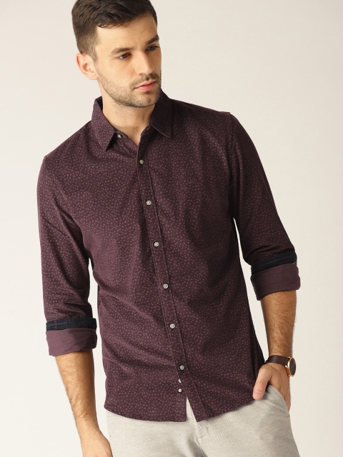 

United Colors of Benetton Men Burgundy & Taupe Corduroy Slim Fit Printed Casual Shirt