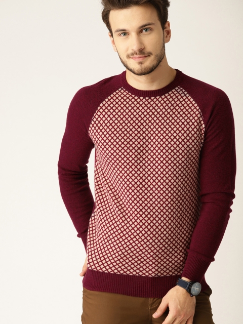 

United Colors of Benetton Men Maroon & Beige Self Design Pullover