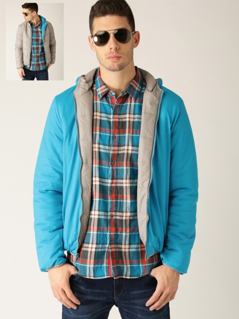 

United Colors of Benetton Men Blue & Grey Solid Reversible Hooded Padded Jacket