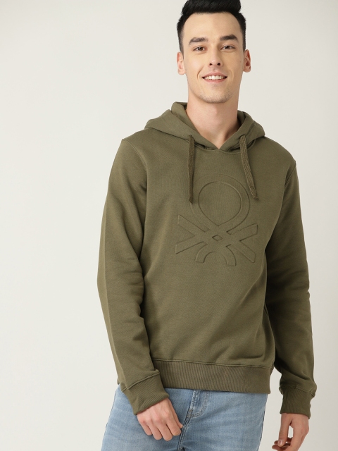 

United Colors of Benetton Men Olive Green Embossed Hooded Sweatshirt
